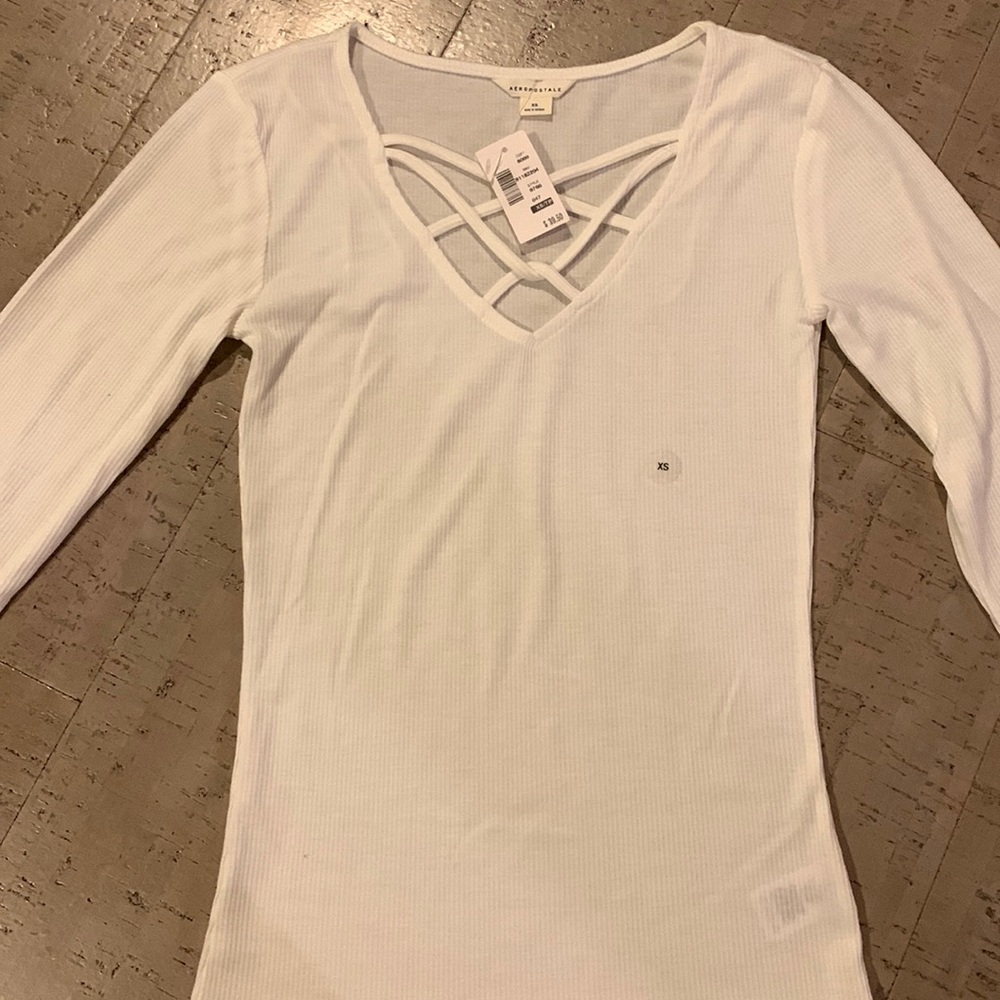 New Woman’s White Long Sleeve Ribbed Cross Top from Aeropostale Size XS